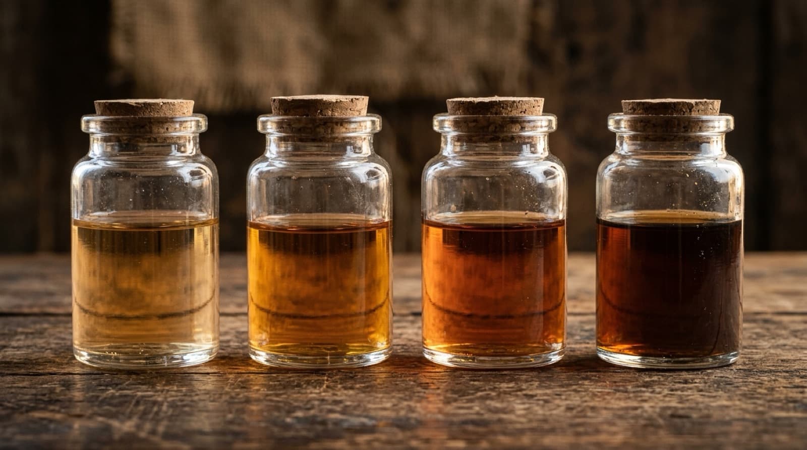 Quatre récipients de verre alignés, liquide ambré de densité croissante.