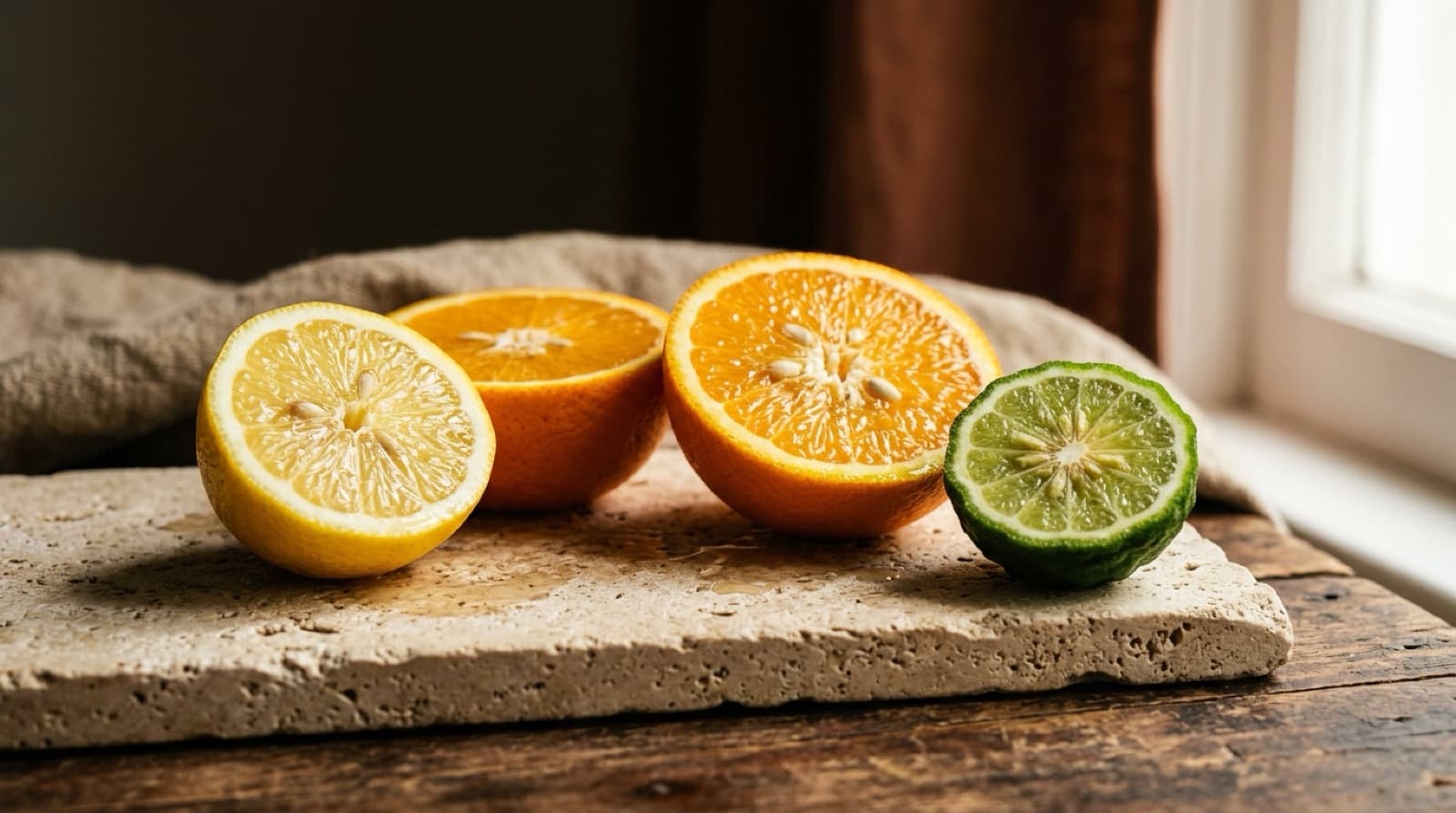 Agrumes frais coupés en deux, citron, orange et bergamote, sur une pierre claire.