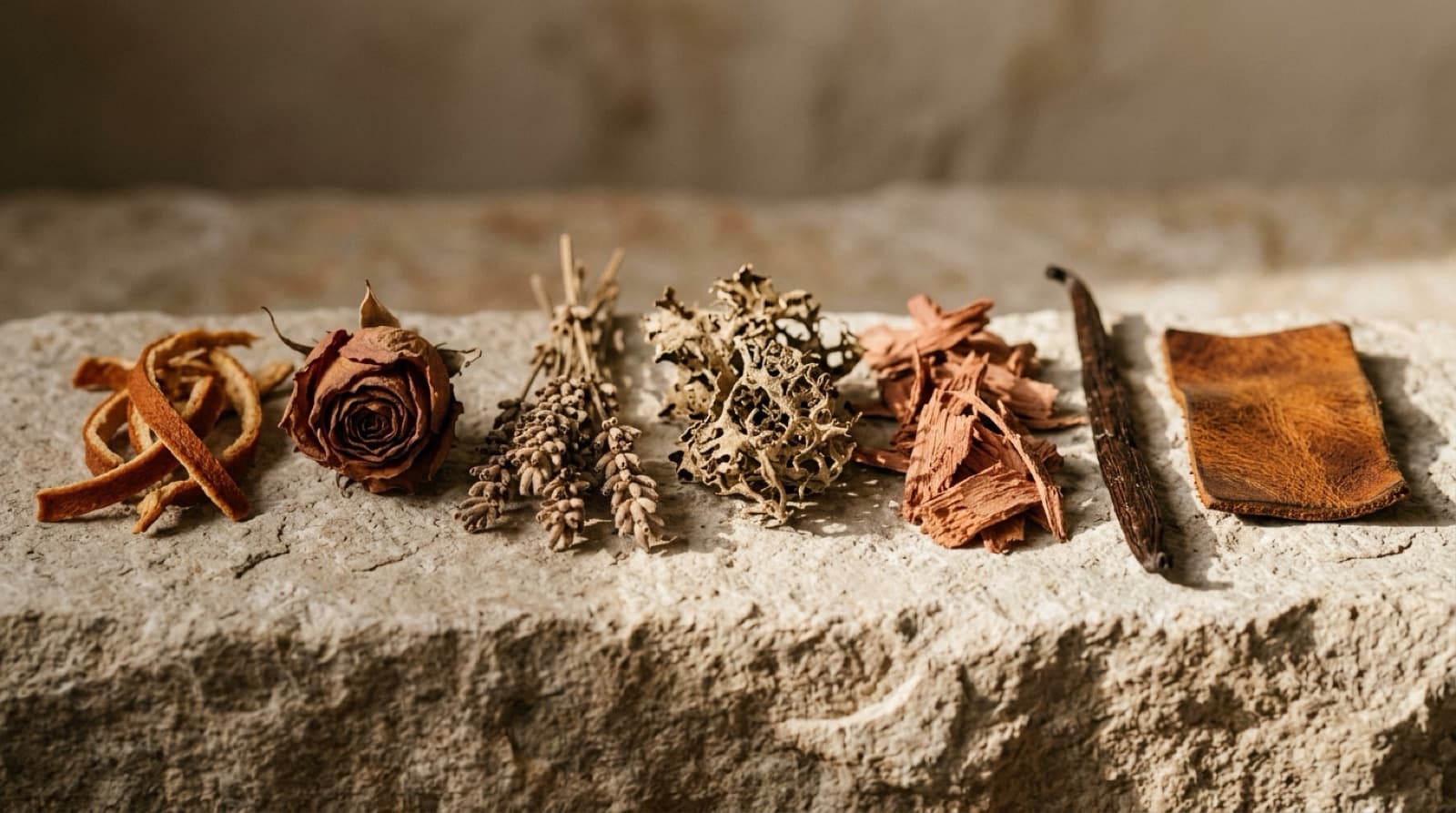 Sept matières de parfumerie alignées : agrume, rose, lavande, lichen, cèdre, vanille, cuir.