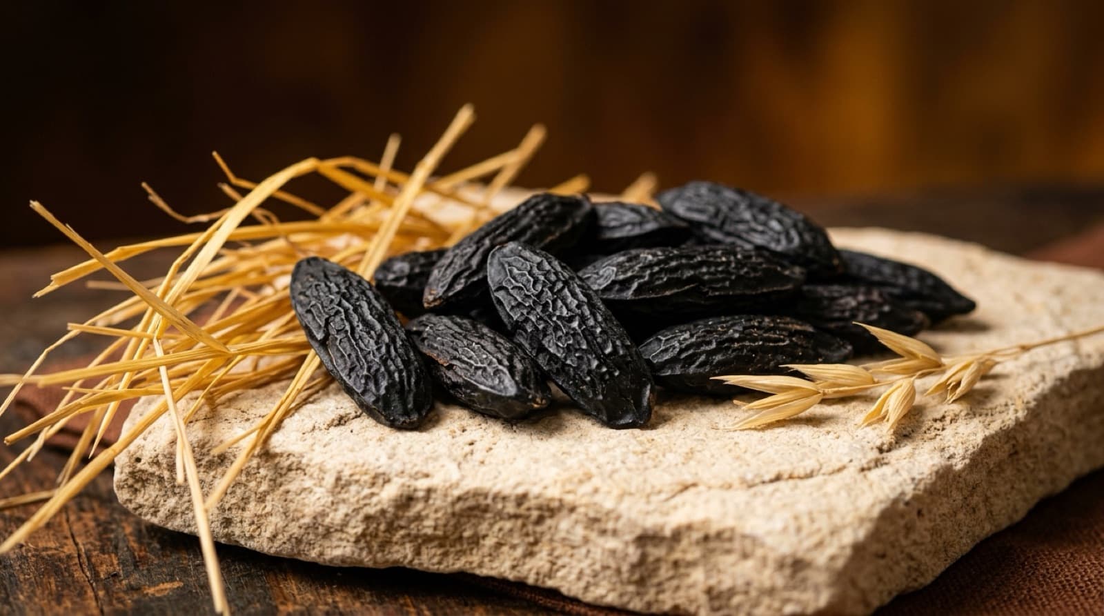 Fèves tonka noires et ridées posées sur une pierre claire près de foin séché.