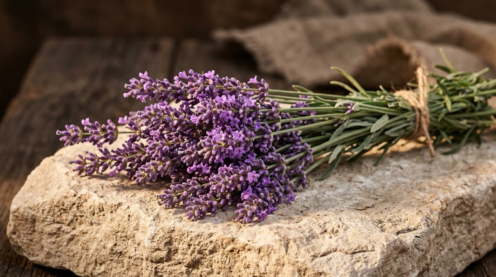 Bouquet de lavande fraîche aux épis mauves posé sur une pierre claire.