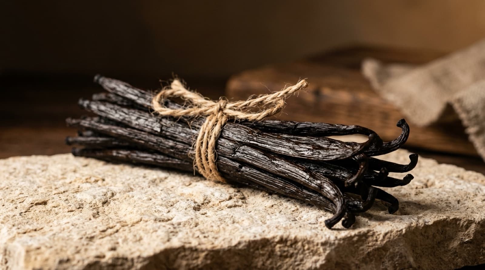Gousses de vanille noires et luisantes attachées en botte sur une pierre claire.