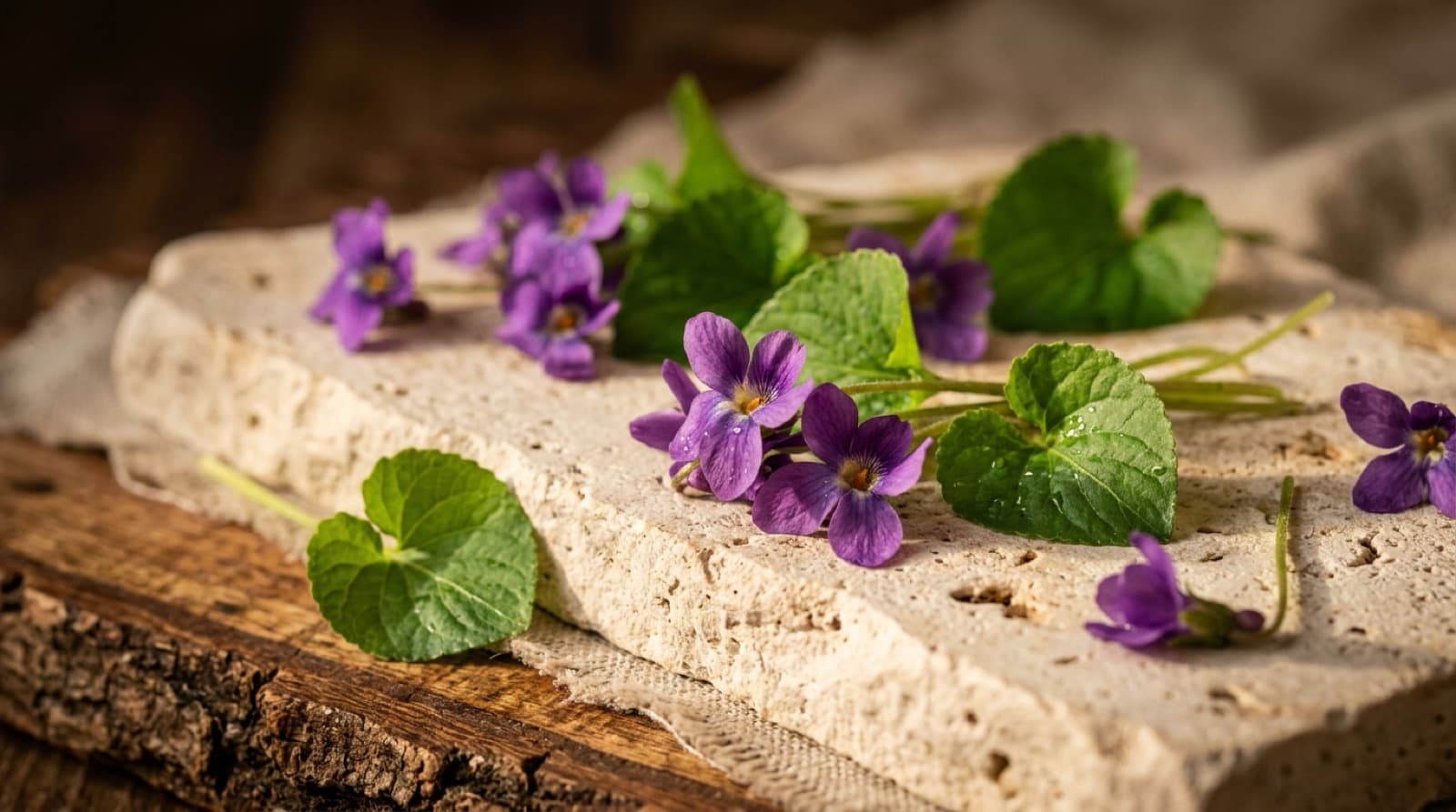 Fleurs de violette mauves et feuilles vertes en cœur posées sur une pierre claire.