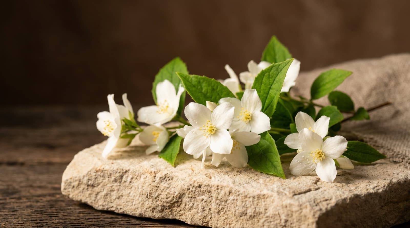 Fleurs de jasmin blanches fraîchement cueillies sur une pierre claire, feuilles vertes.