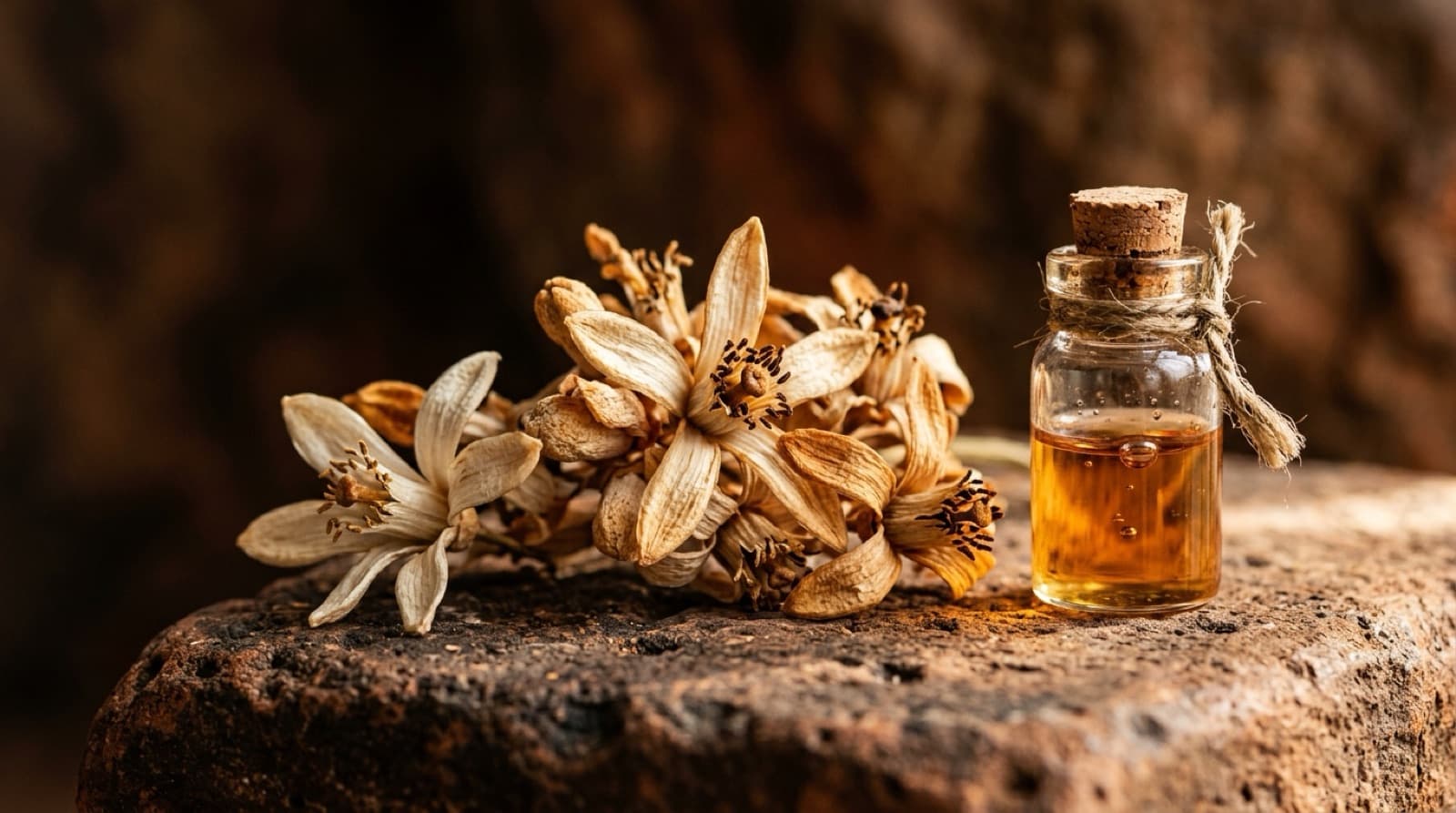 Fleurs d'oranger séchées disposées près d'une fiole de verre au liquide ambré.