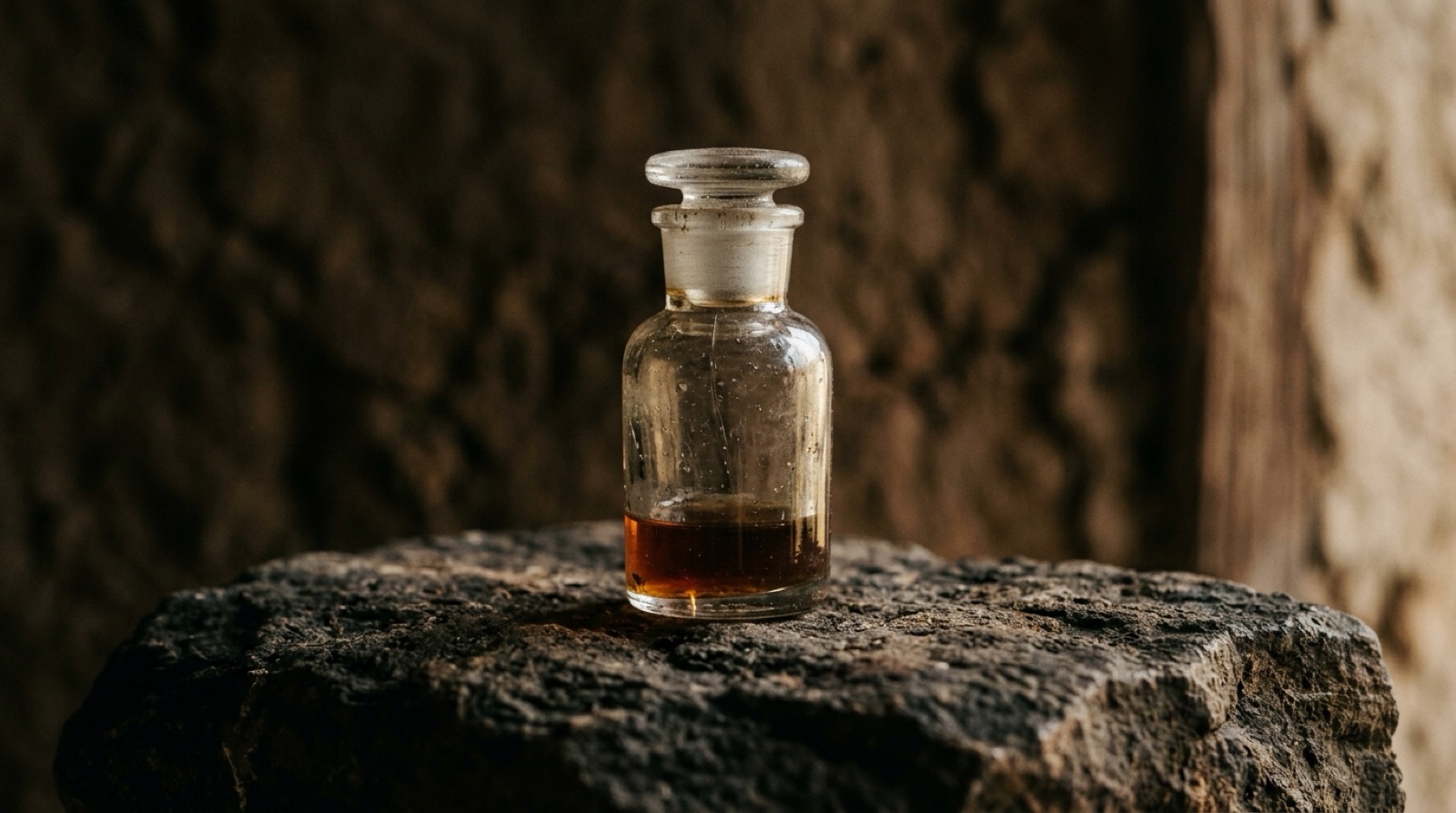 Petit flacon de verre épais à bouchon rodé, sans étiquette.
