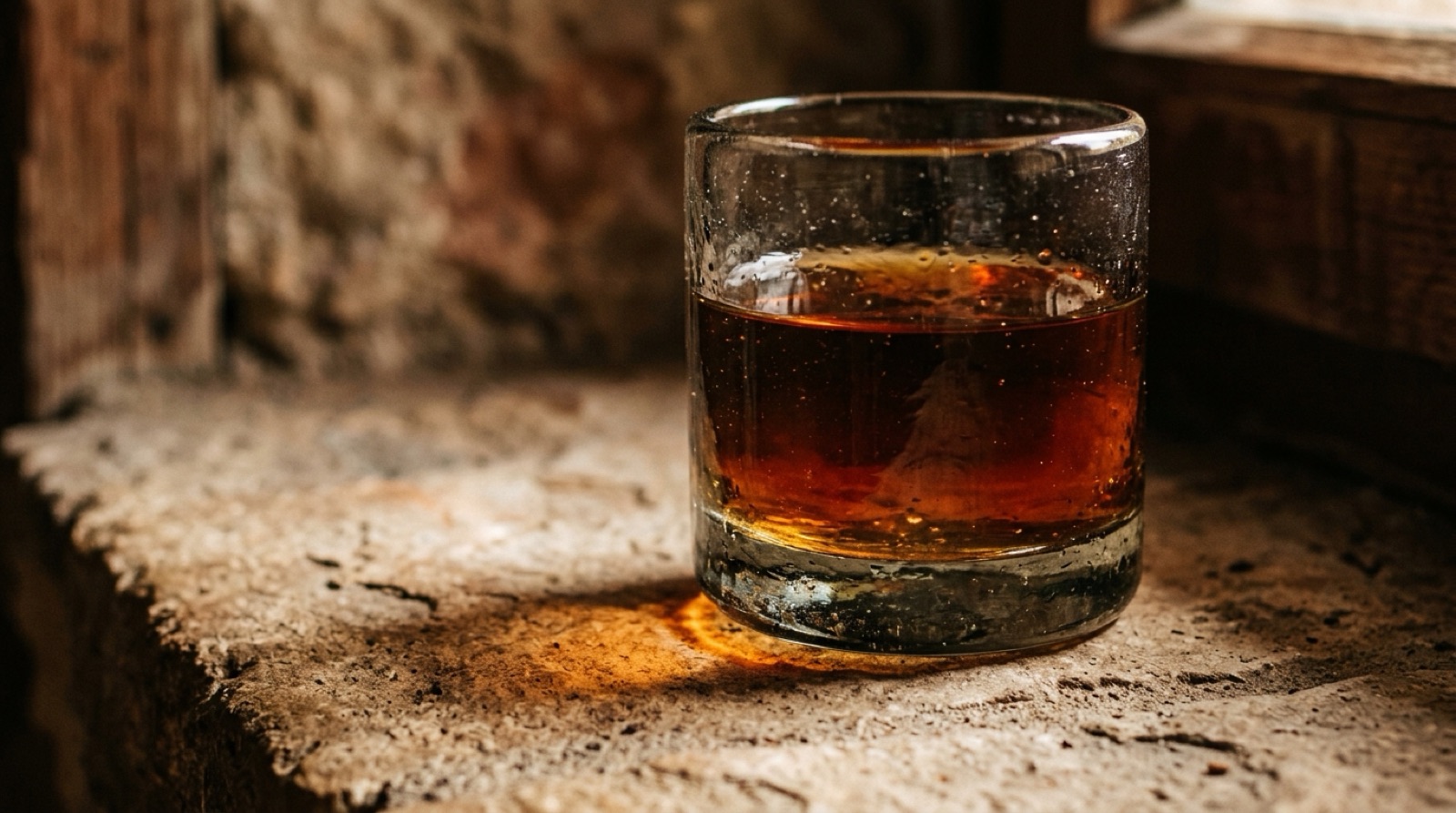 Lumière traversant un liquide ambré dense dans un verre épais.
