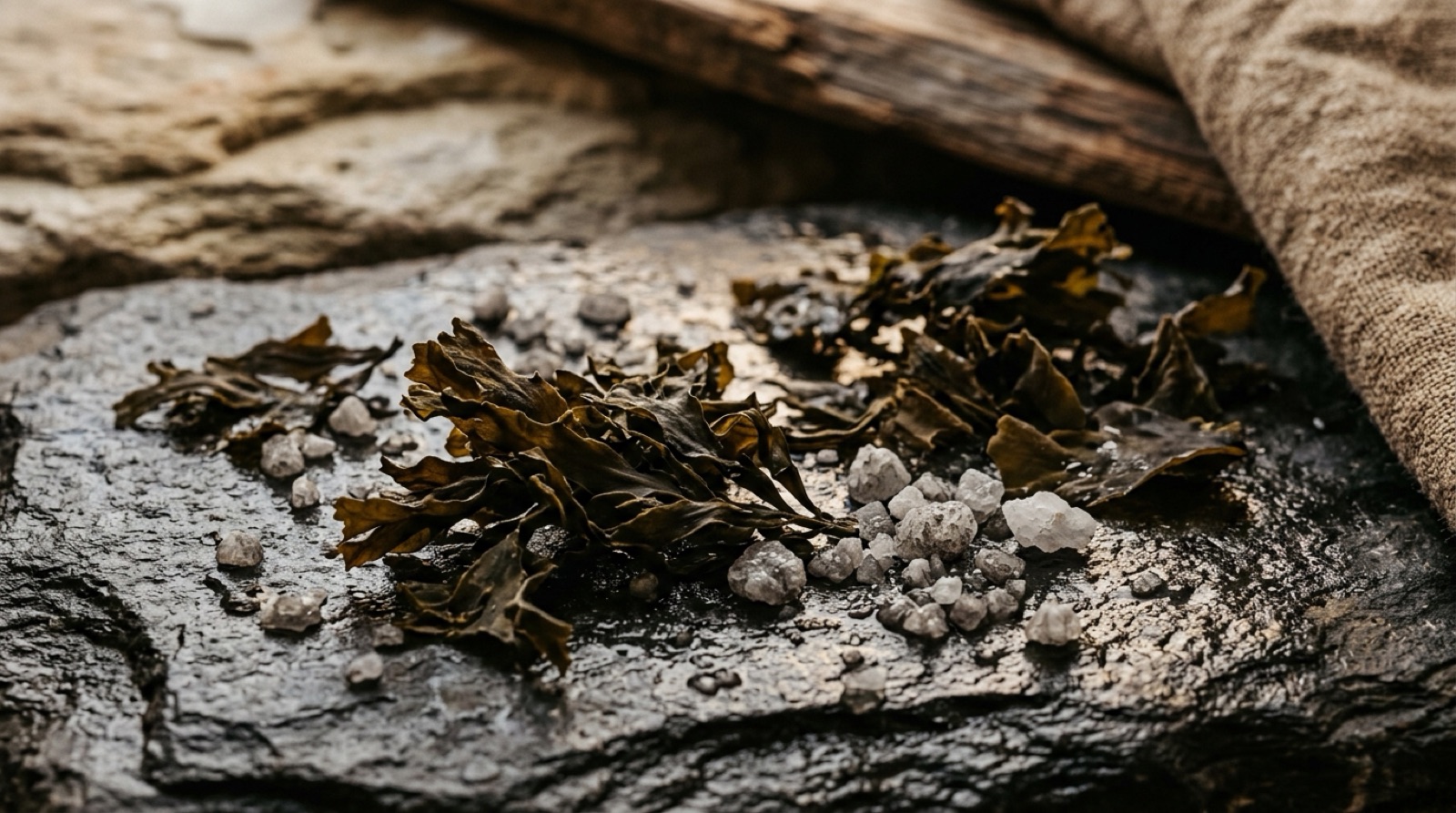 Algues séchées et cristaux de sel gris sur une pierre humide.