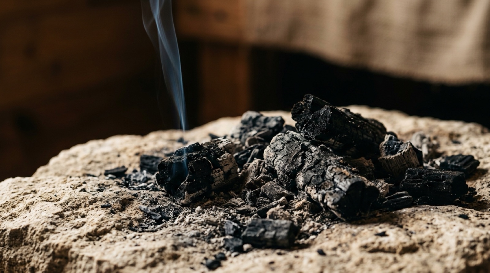 Braises éteintes et cendre grise sur une pierre claire, avec un mince filet de fumée.