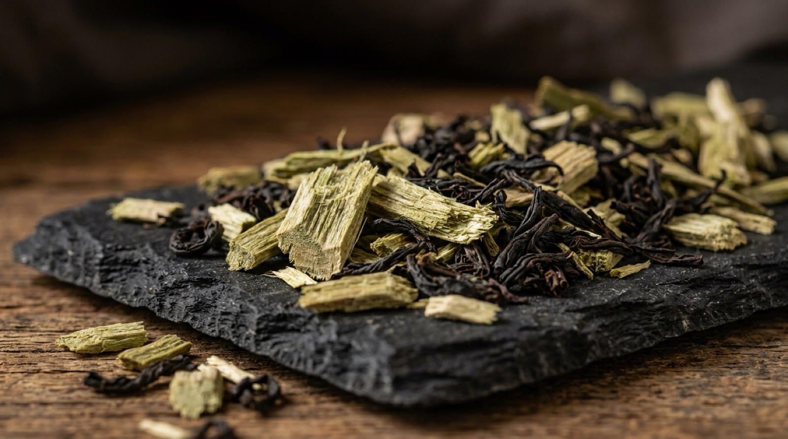 Copeaux de bois de gaïac et feuilles de thé fumé sur une pierre sombre.