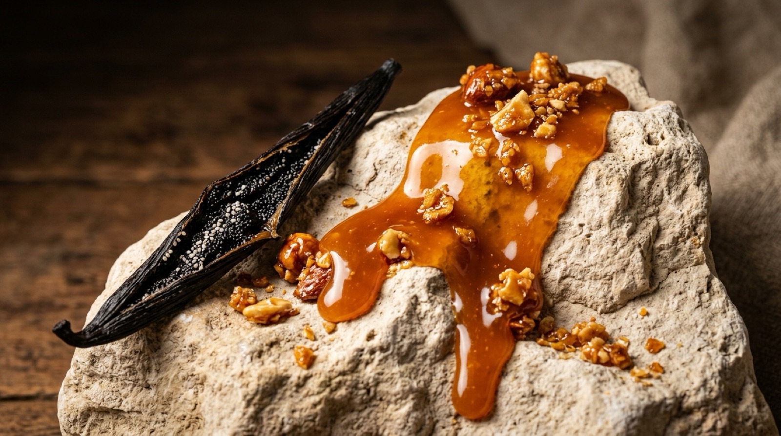 Caramel ambré coulant sur une pierre claire, près d'éclats de praline et d'une gousse de vanille.