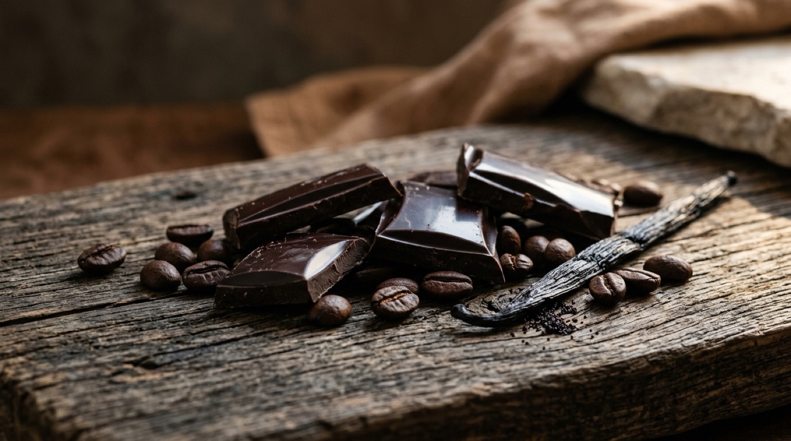 Éclats de chocolat noir, grains de café et gousse de vanille sur du bois patiné.