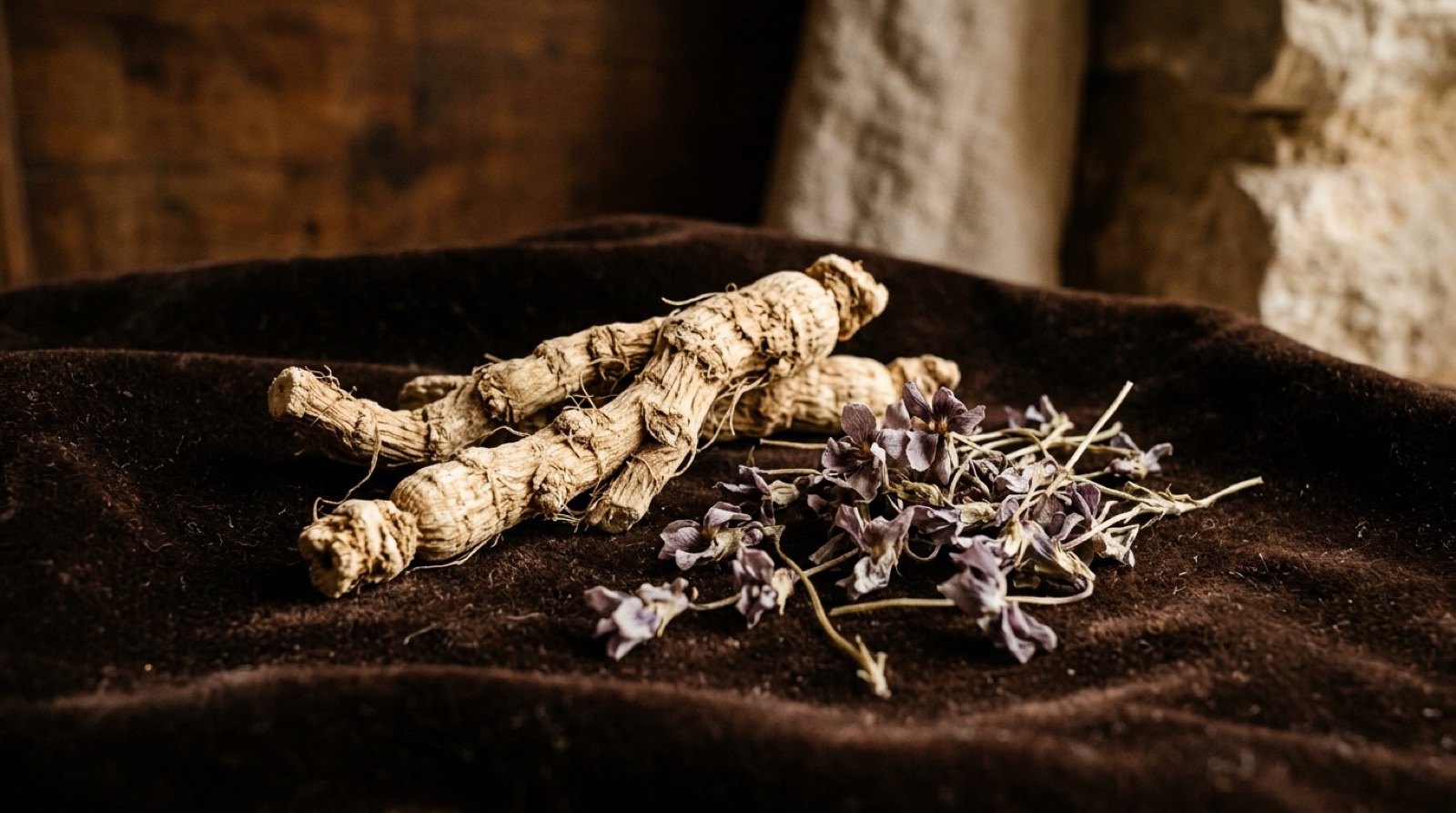 Racine d'iris séchée et fleurs de violette séchées posées sur un tissu de velours sombre.