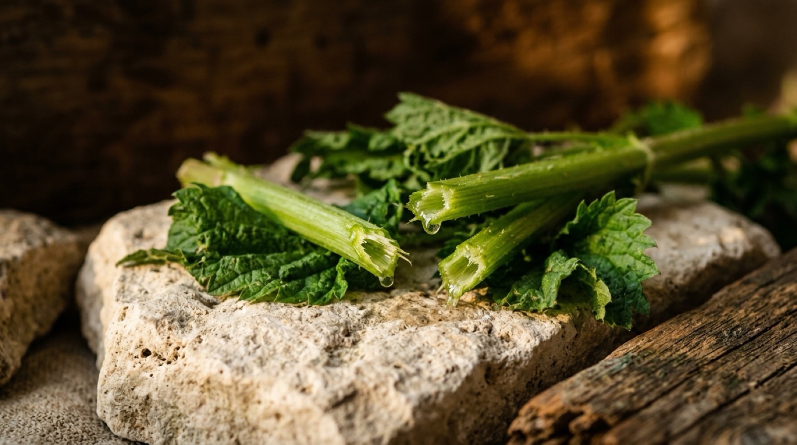 Tiges vertes fraîchement coupées et feuilles froissées sur une pierre claire.