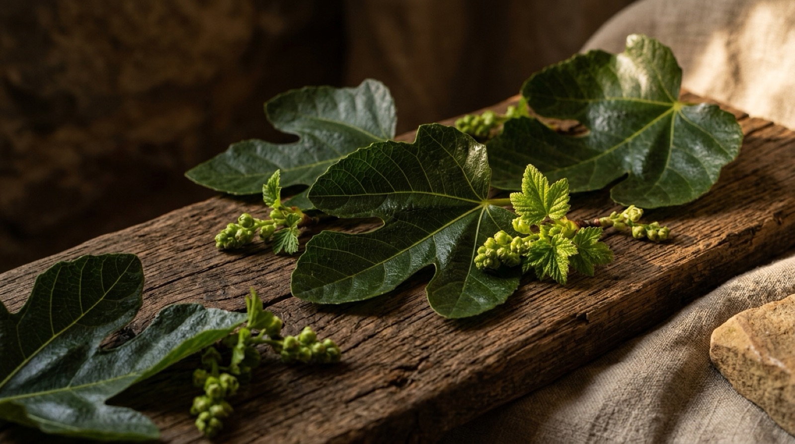 Feuilles de figuier vert sombre et bourgeons de cassis sur du bois patiné.