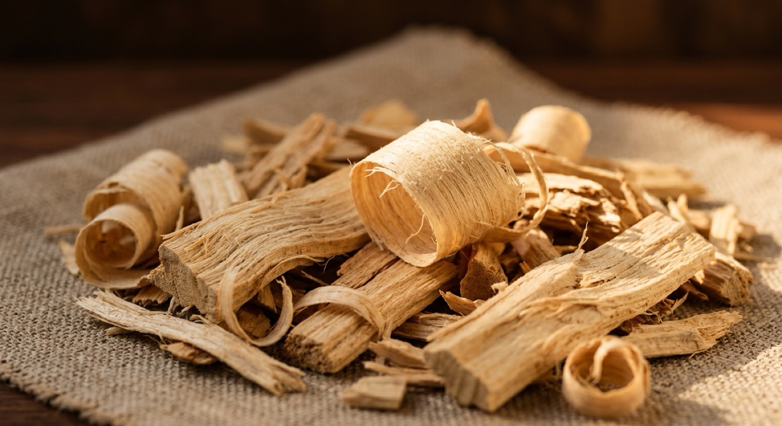 Copeaux de bois de santal blond en gros plan, grain visible.