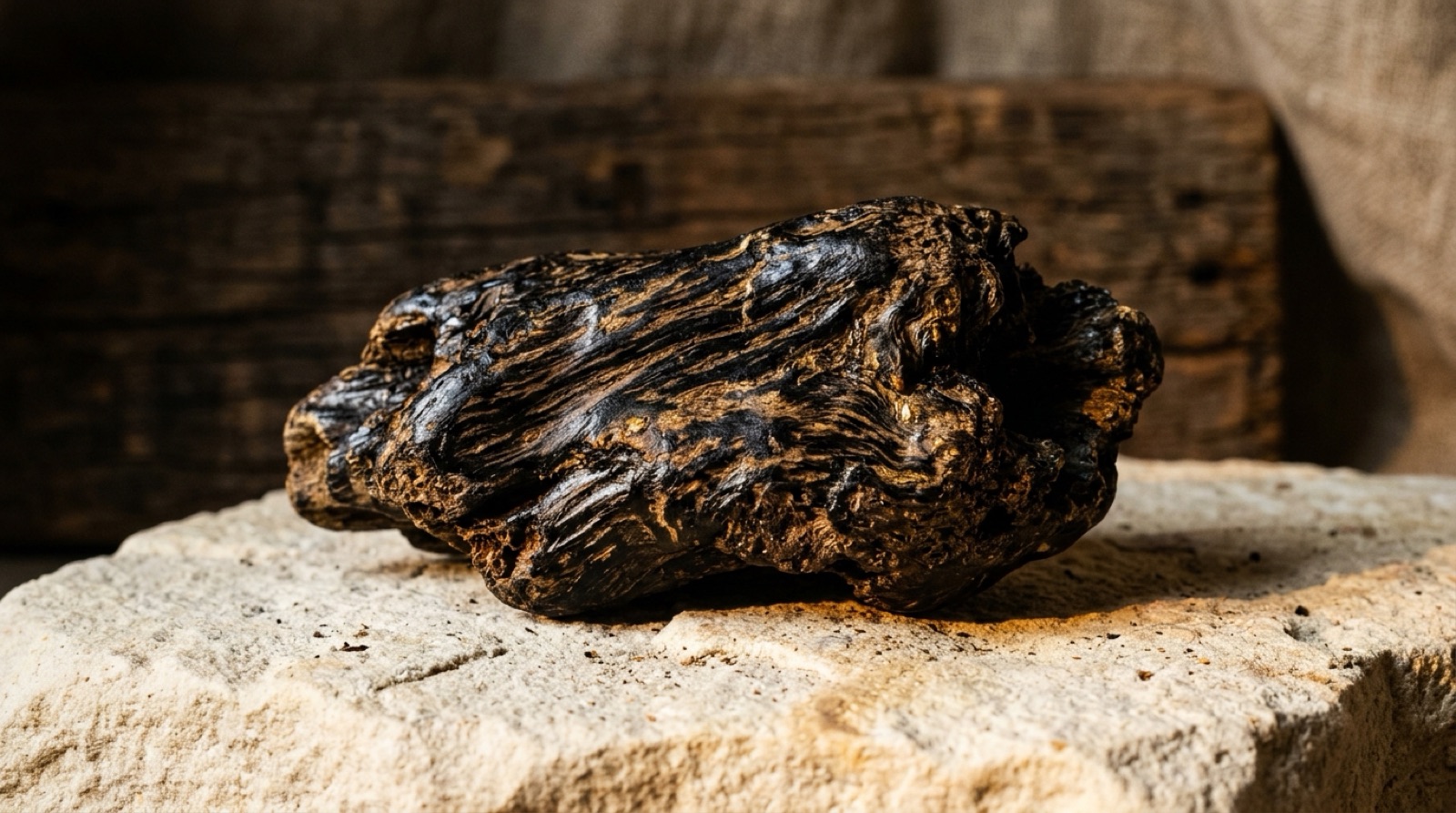 Morceau de bois de oud sombre et résineux, veines noires visibles.