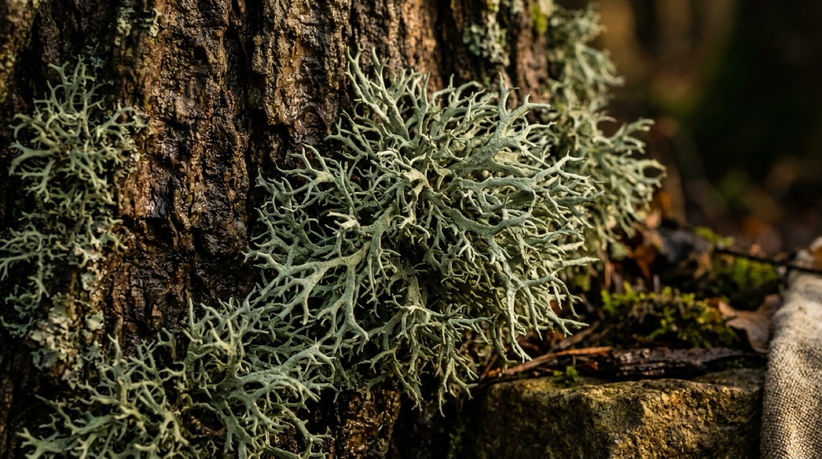 Mousse de chêne gris-vert accrochée à une écorce humide, en gros plan.