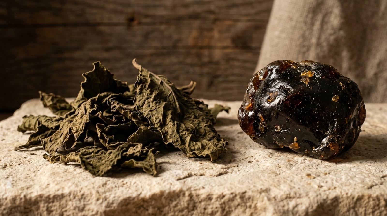 Feuilles de patchouli séchées et résine de labdanum sur une pierre claire.
