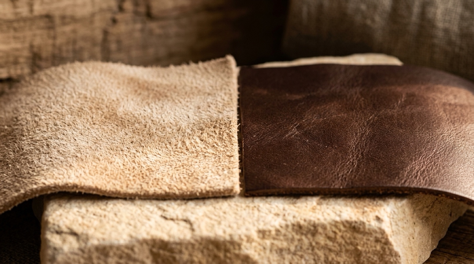 Un daim beige clair posé à côté d'un cuir brun sombre et lisse.