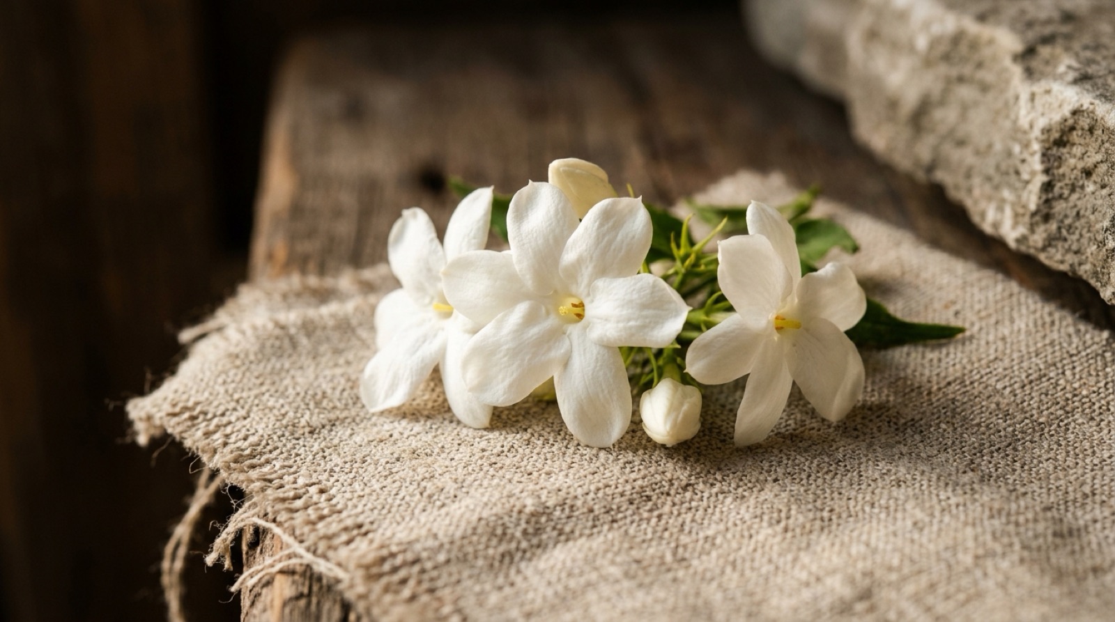 Fleurs de jasmin blanches fraîchement cueillies sur un linge de lin.