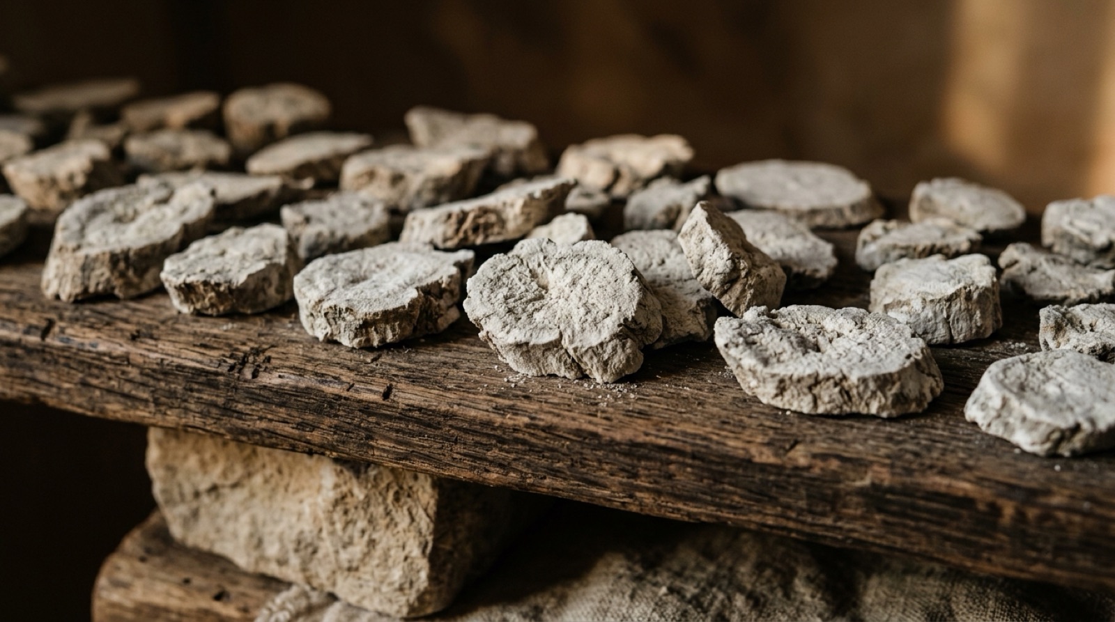 Racines d'iris coupées en tranches, séchant sur une étagère de bois.