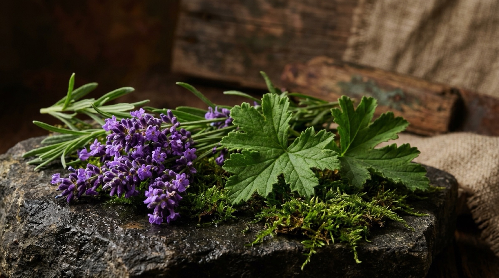Lavande fraîche, feuilles de géranium et mousse sur une pierre sombre.
