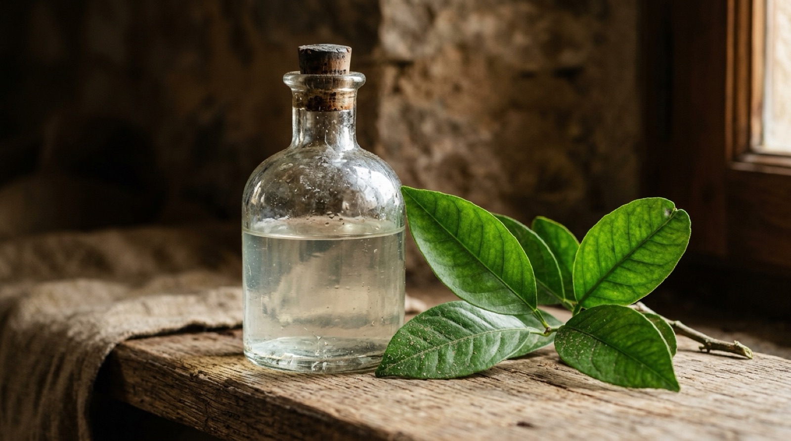 Flacon de verre ancien au liquide pâle, près de feuilles vertes.