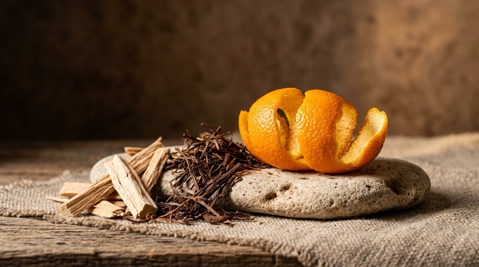 Zeste d'agrume posé près de copeaux de vétiver et de santal.
