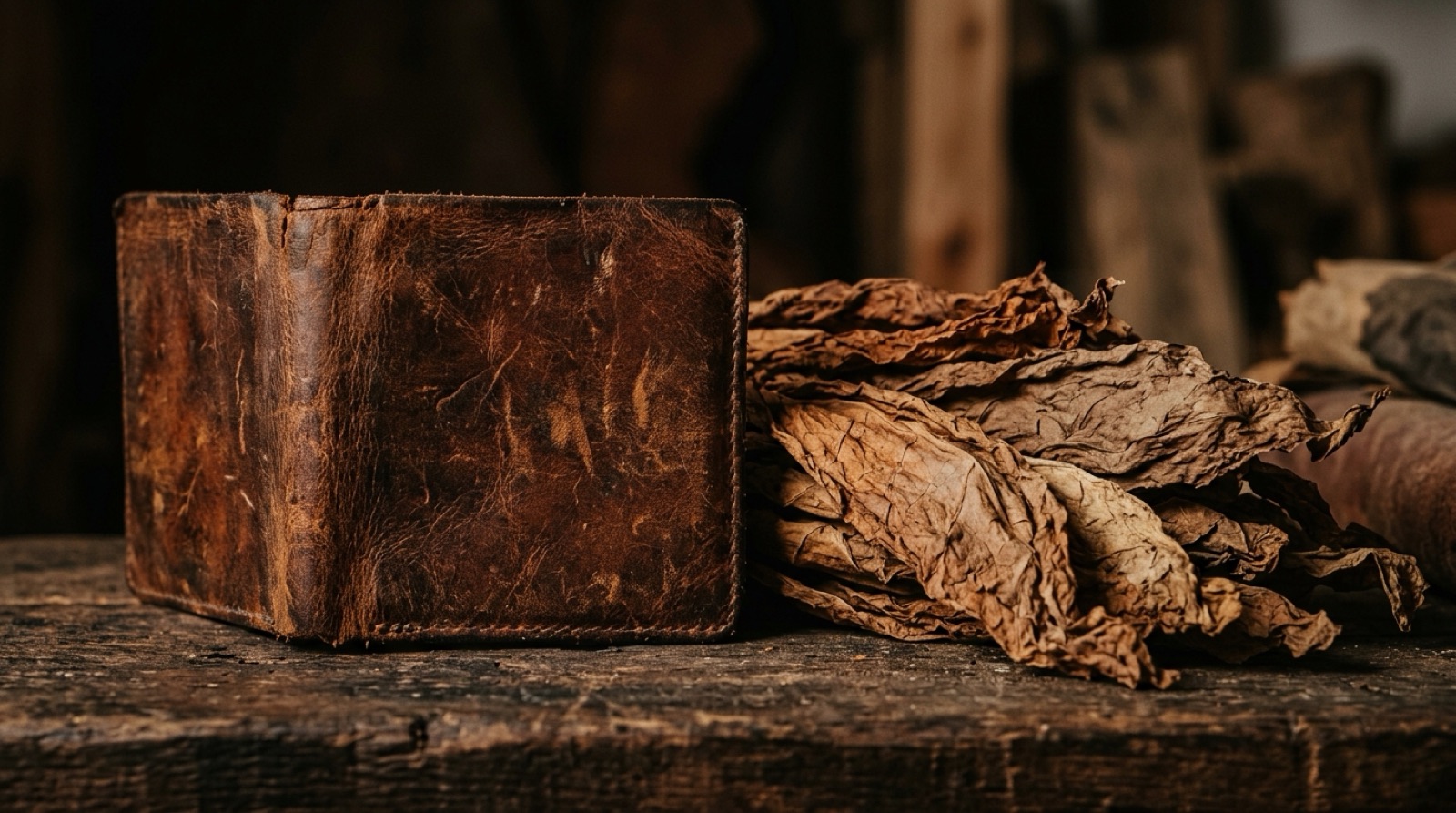Cuir patiné et feuilles de tabac séchées.