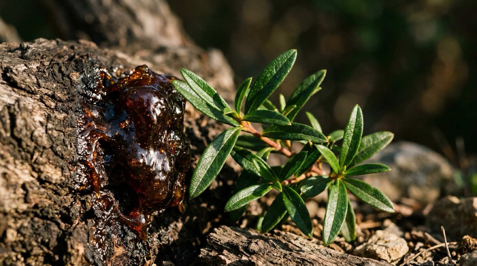 Résine de labdanum brun très sombre et brillante, à côté de branches de ciste aux feuilles vernissées.