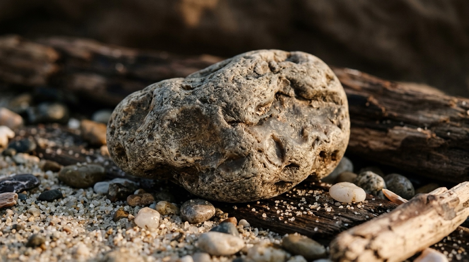 Morceau d'ambre gris gris clair et cireux, posé sur du sable clair et des galets.