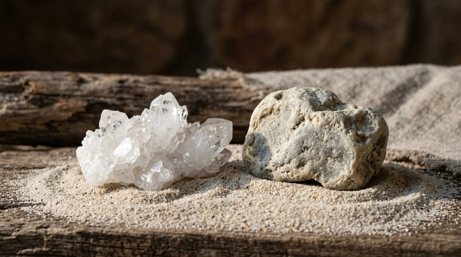 Cristaux blancs translucides à côté d'un morceau d'ambre gris gris clair, sur du sable.