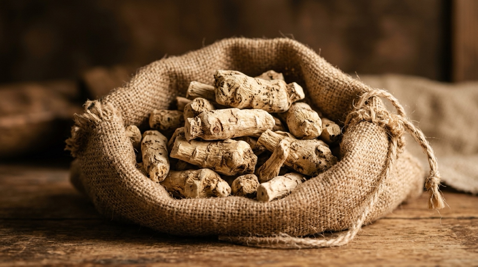 Rhizomes d'iris pelés et séchés, entassés dans un sac de jute ouvert.
