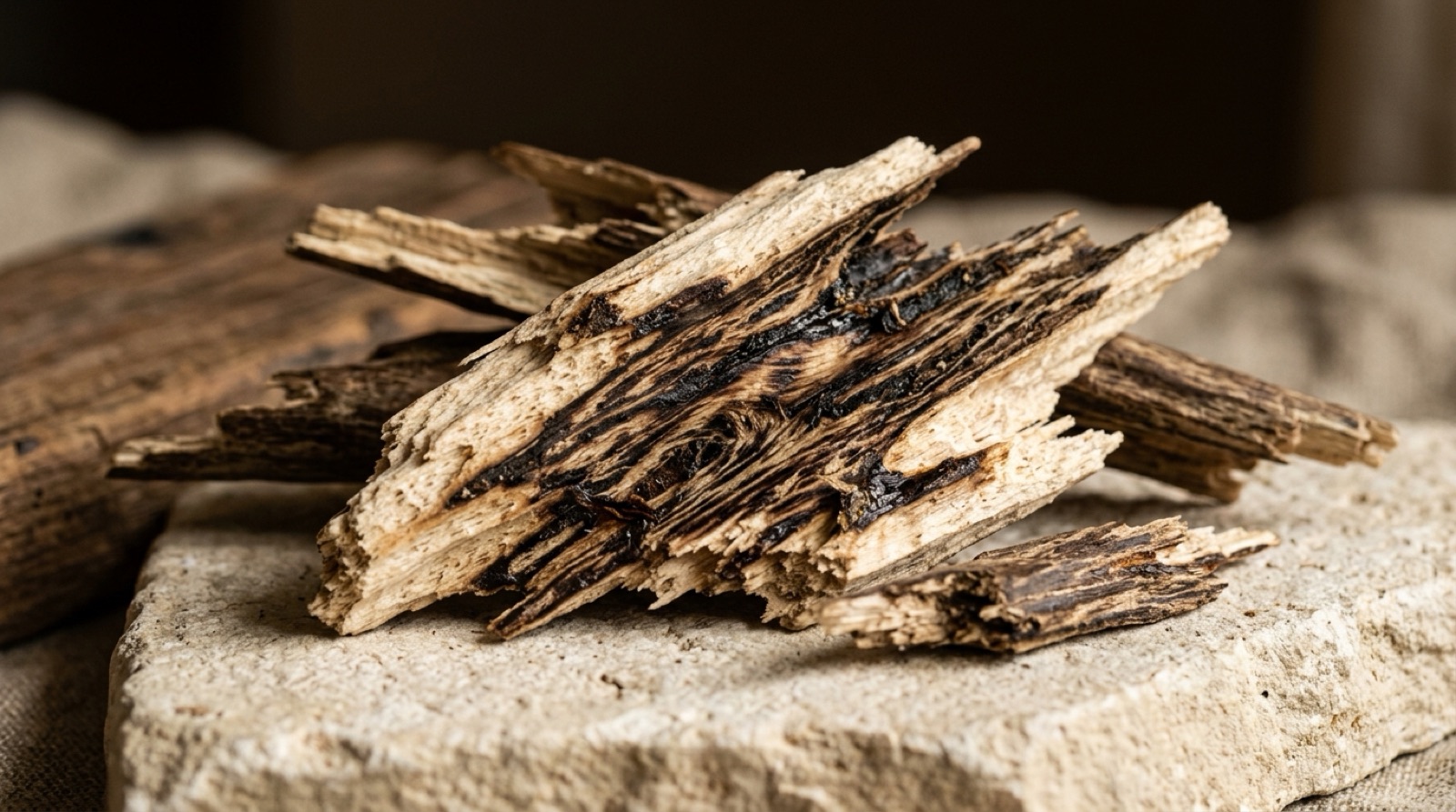 Éclats de bois d'agar brun très sombre, veinés de résine noire, sur une pierre claire.