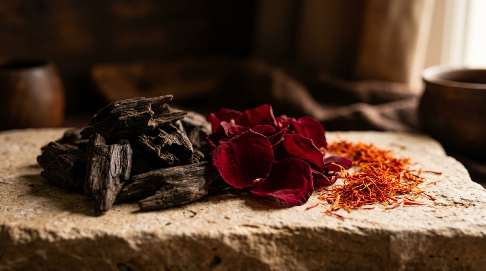 Copeaux de bois d'agar sombres posés près de pétales de rose rouges et de filaments de safran.