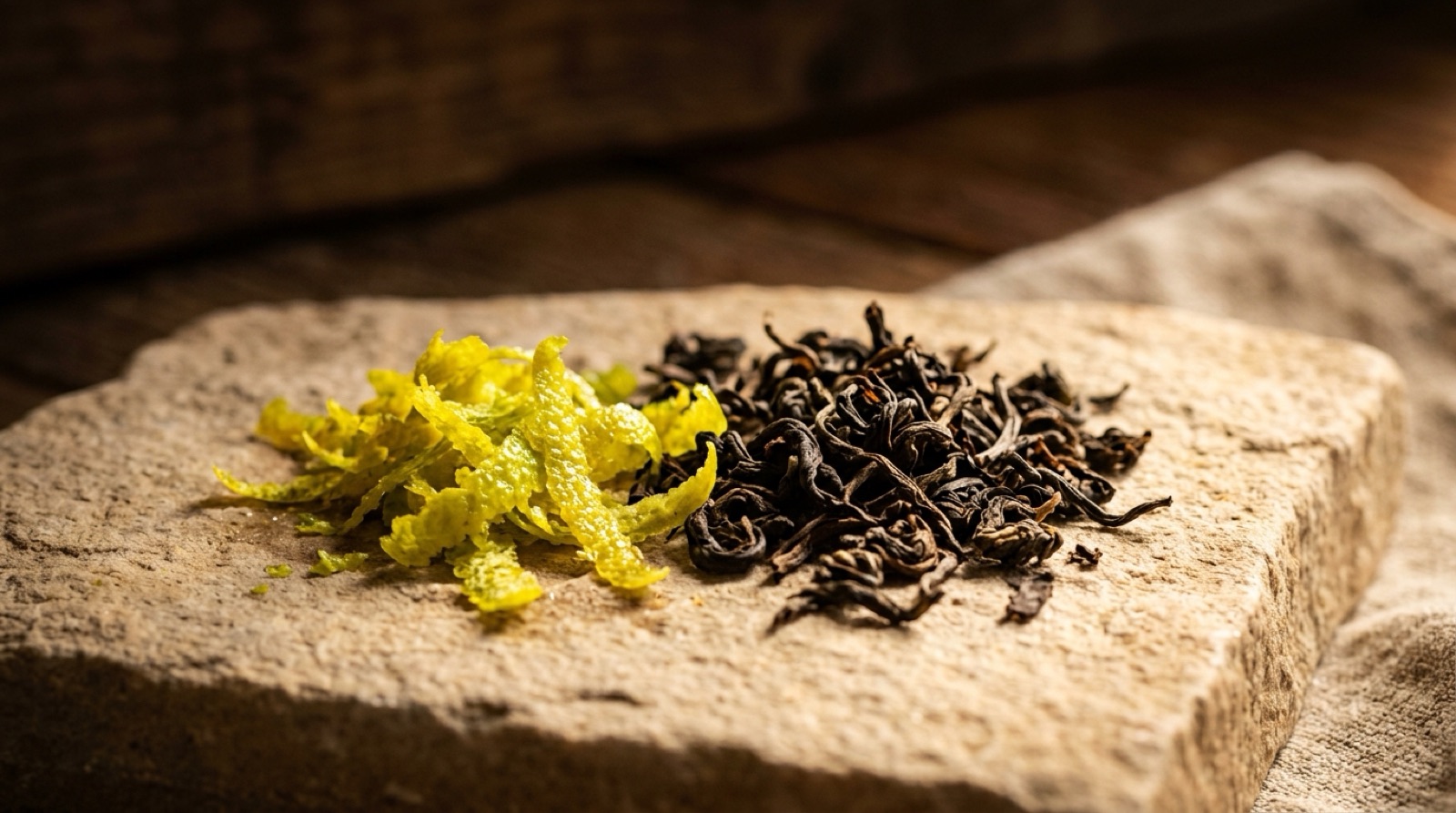 Zestes de bergamote et feuilles de thé noir séchées sur une pierre claire.