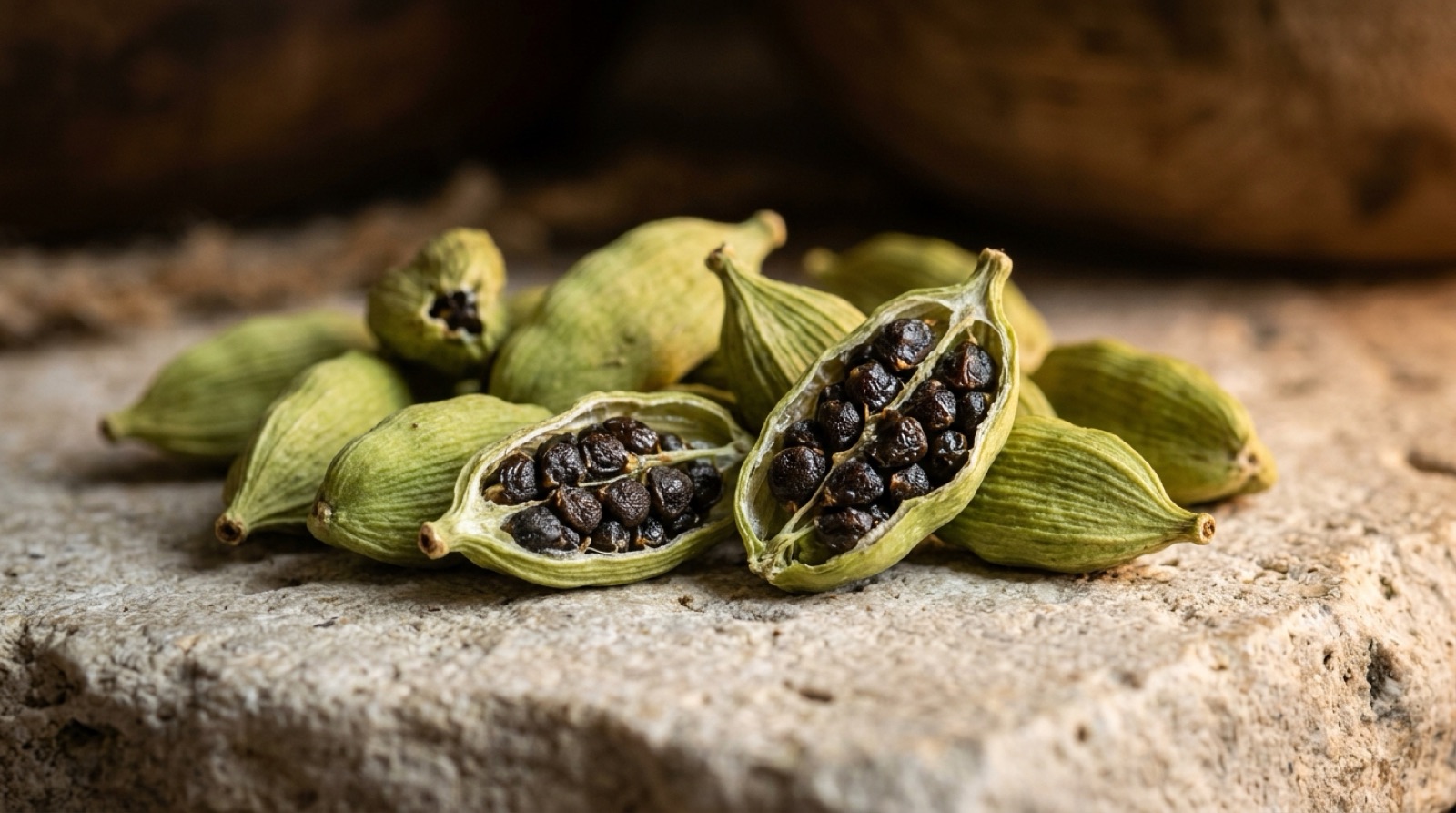 Capsules de cardamome verte, dont certaines ouvertes révélant leurs graines noires, sur une pierre claire.