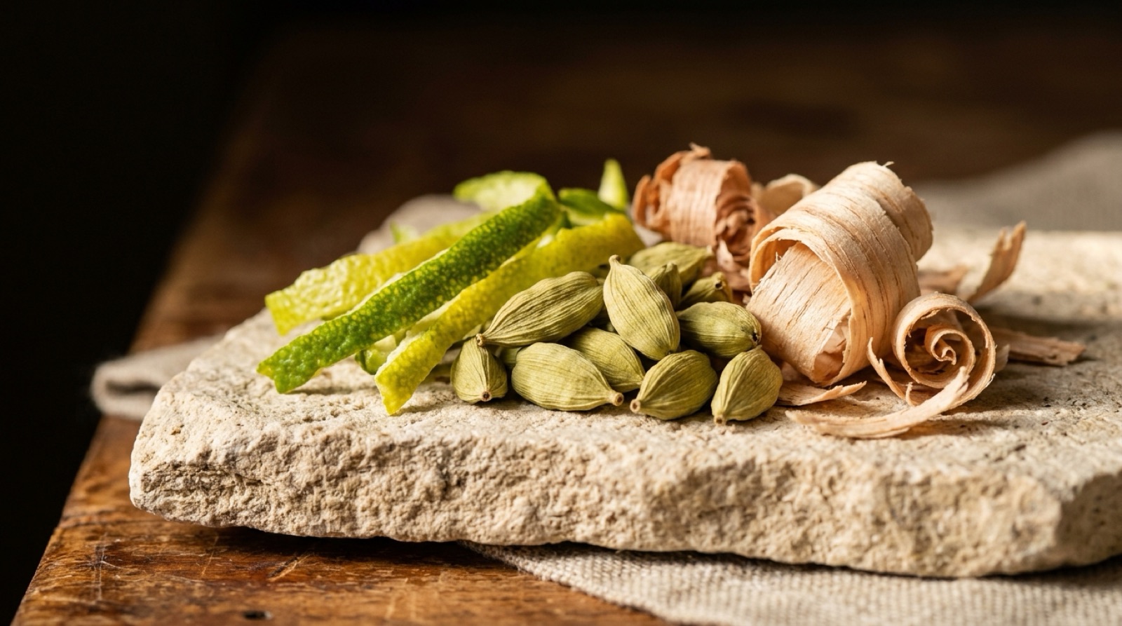Capsules de cardamome verte, zestes de bergamote et copeaux de bois clair sur une pierre.