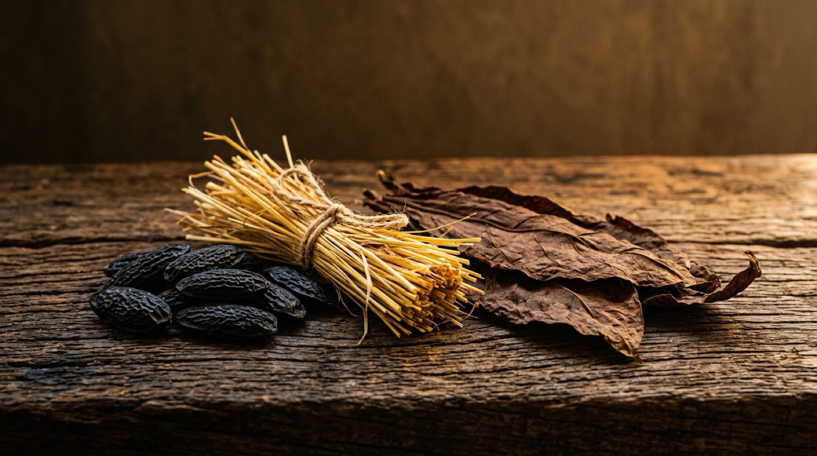 Fèves tonka, foin séché doré et feuilles de tabac brun sur du bois patiné.