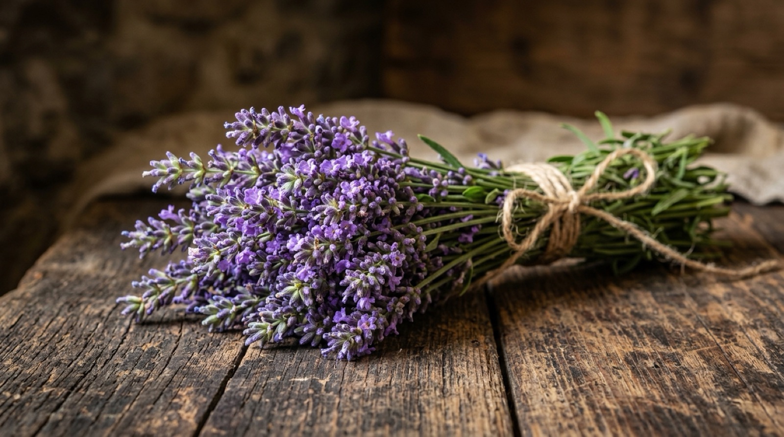 Épis de lavande fraîche aux fleurs mauves, liés en botte, sur du bois patiné.