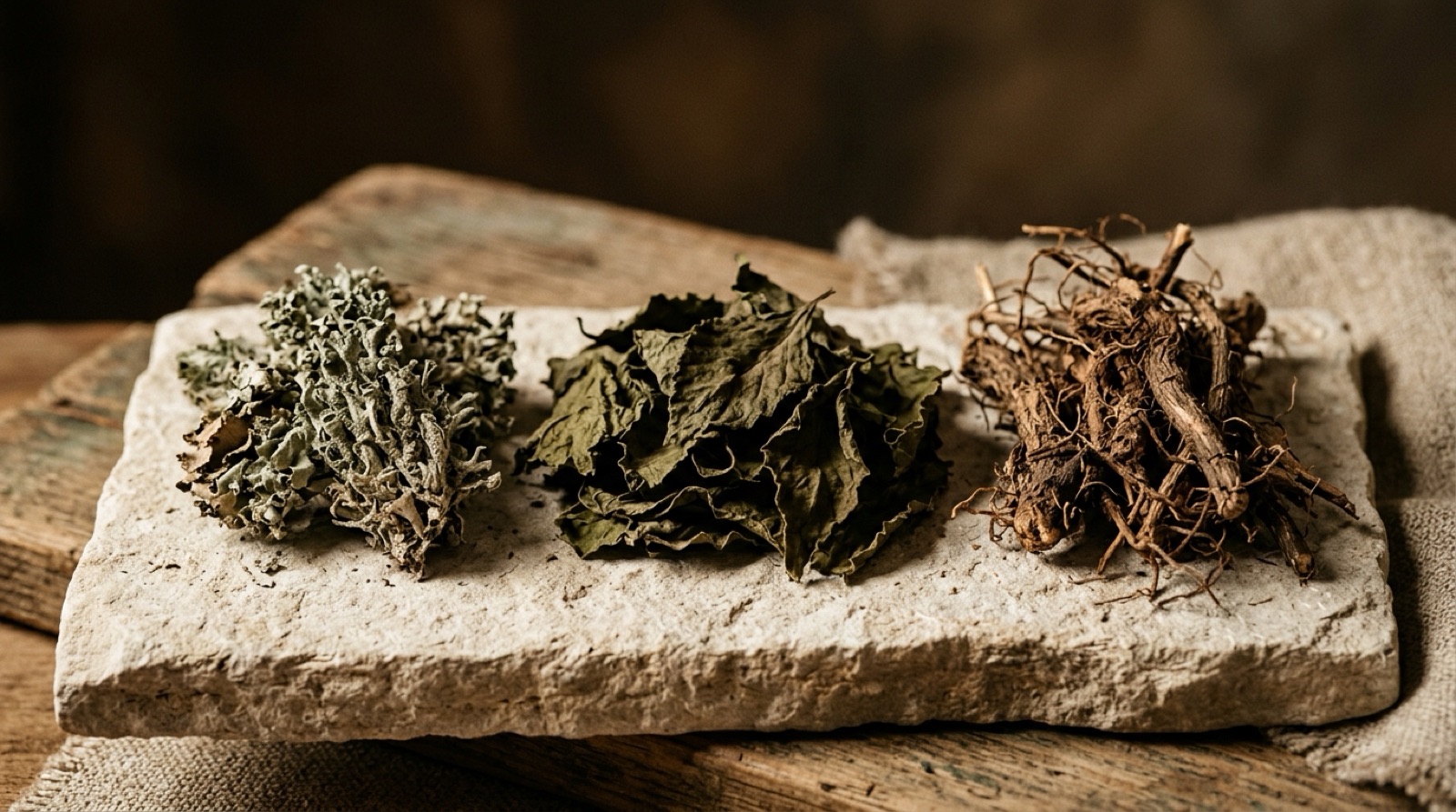 Lichen sec, feuilles de patchouli séchées et racines de vétiver côte à côte sur une pierre claire.