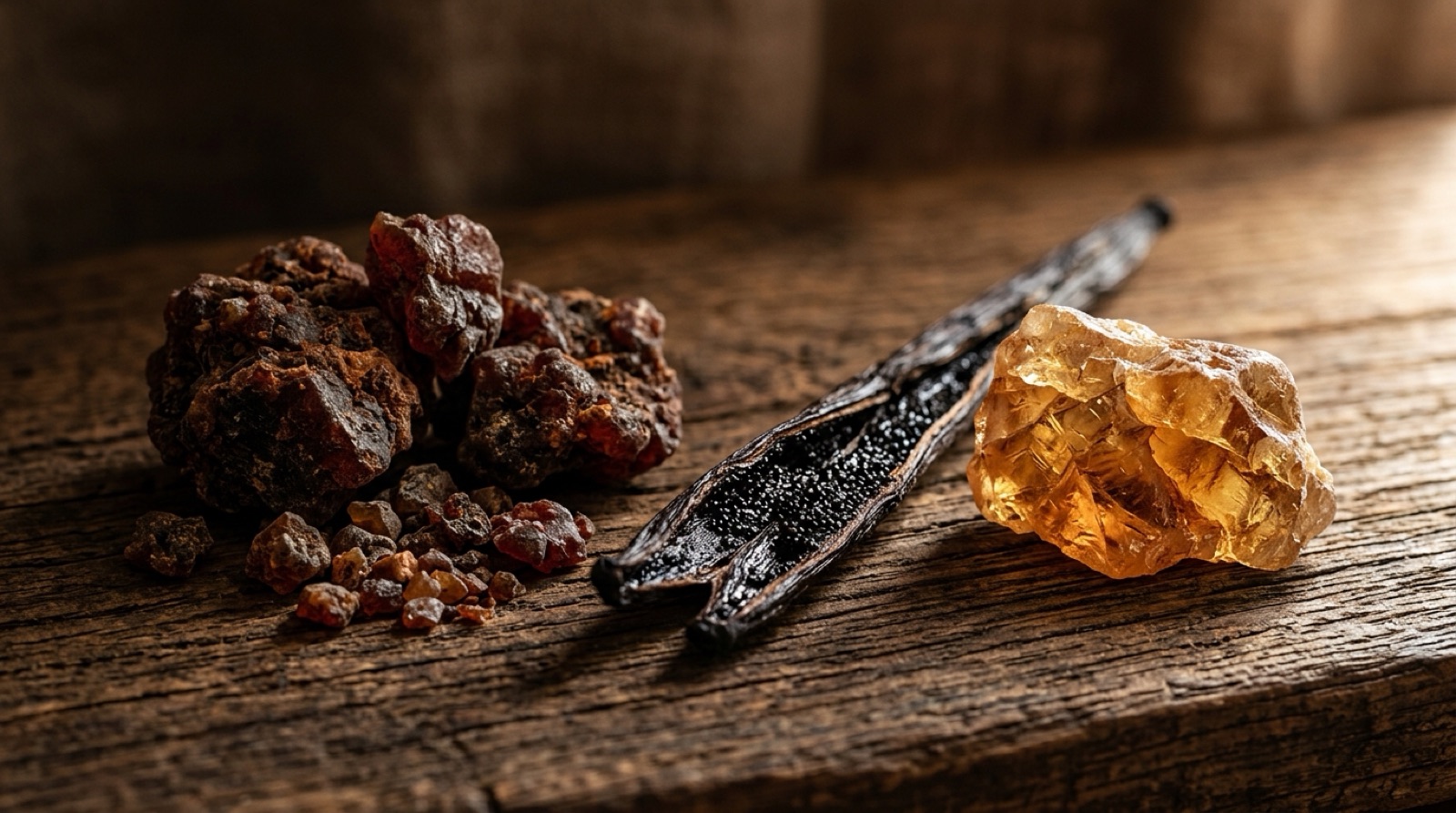 Résine de myrrhe brun rouge posée près d'une gousse de vanille et d'un morceau de benjoin ambré.