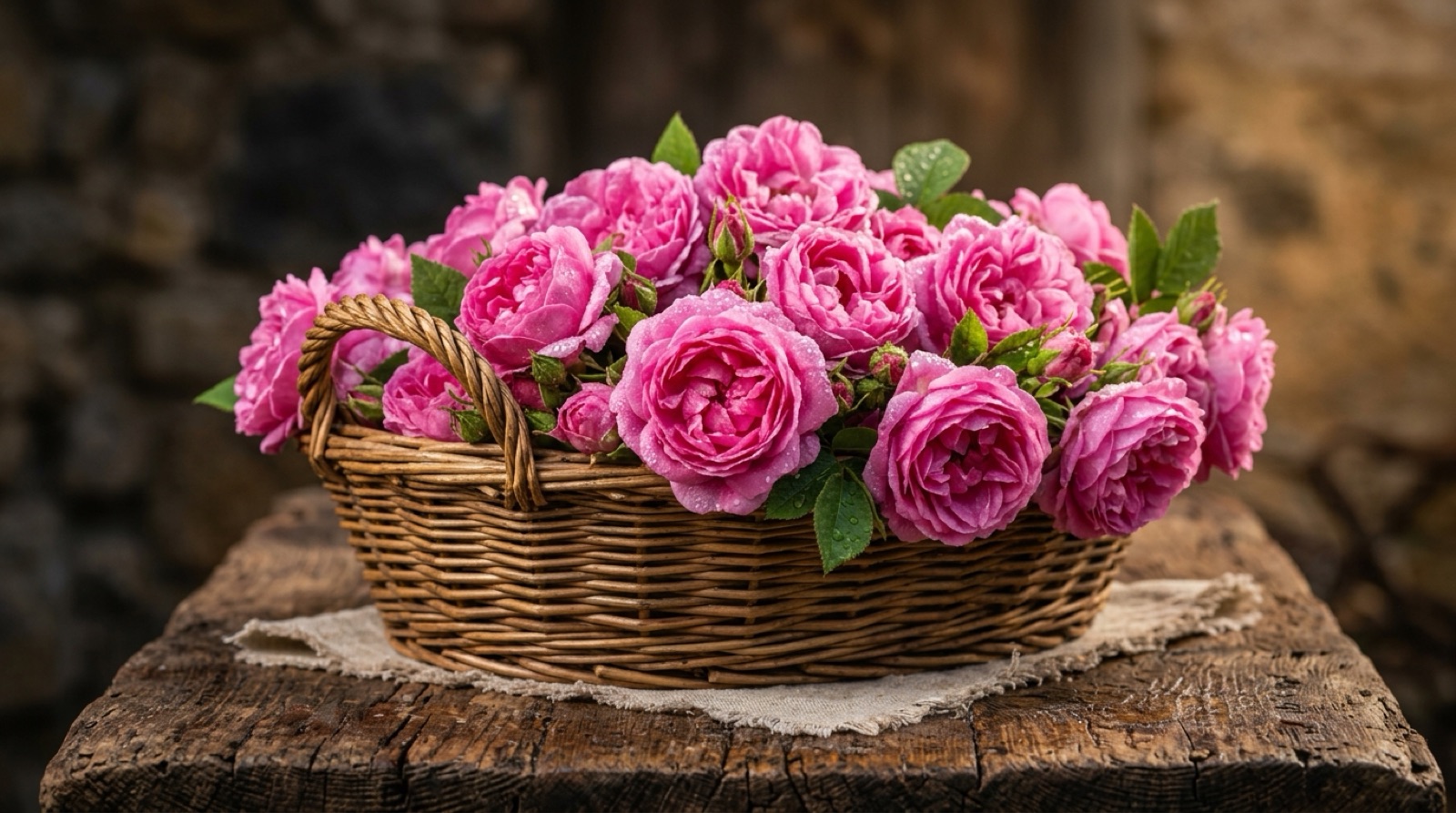 Roses de mai fraîchement cueillies dans un panier d'osier, pétales roses serrés.