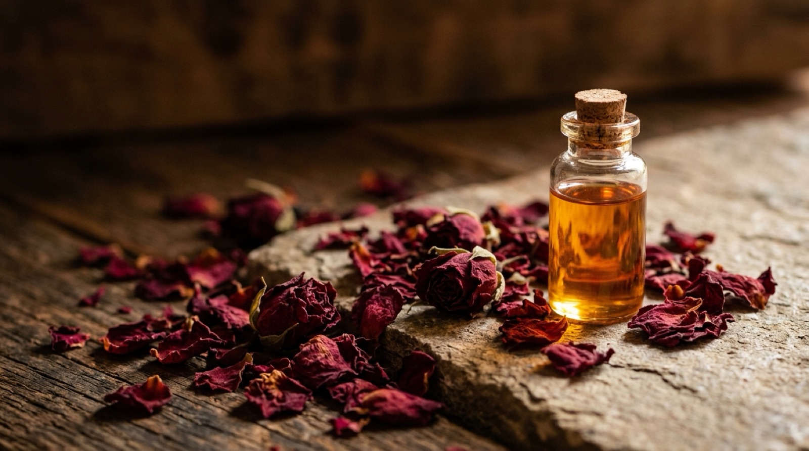 Pétales de rose séchés d'un rouge sombre à côté d'un flacon de verre au liquide ambré.