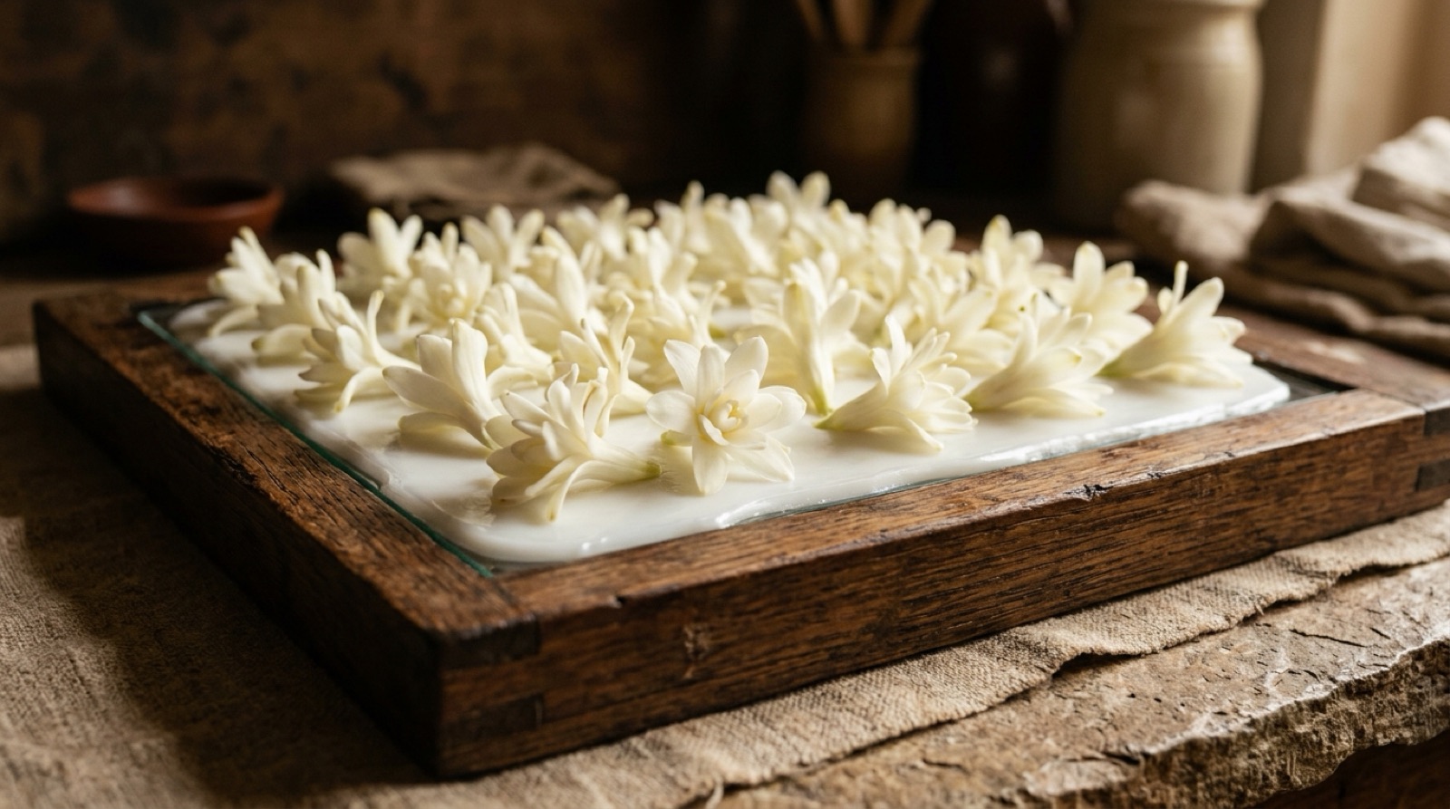Fleurs de tubéreuse blanches et cireuses disposées sur une couche de graisse claire.