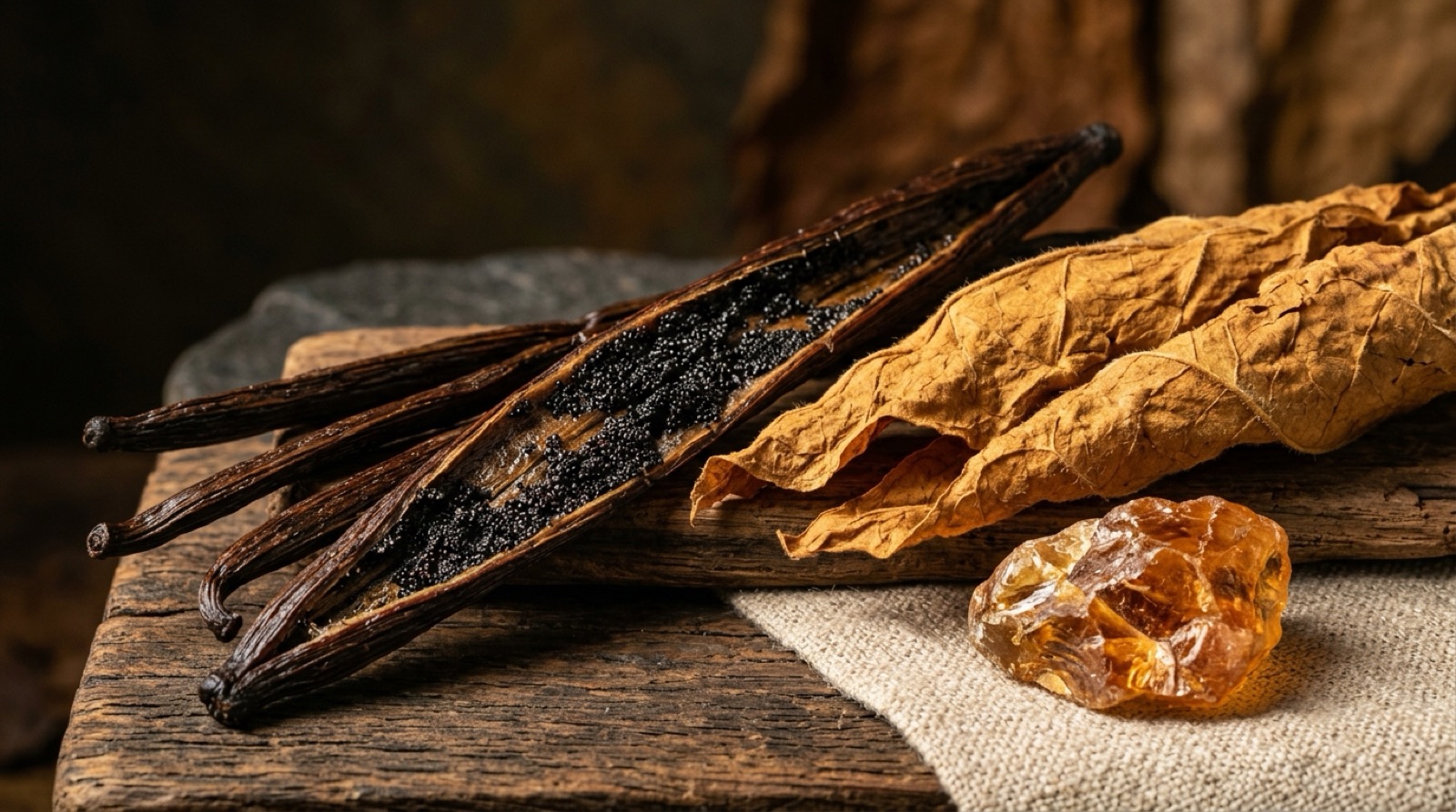 Gousses de vanille fendues à côté de feuilles de tabac séchées et d'un morceau de résine ambrée.