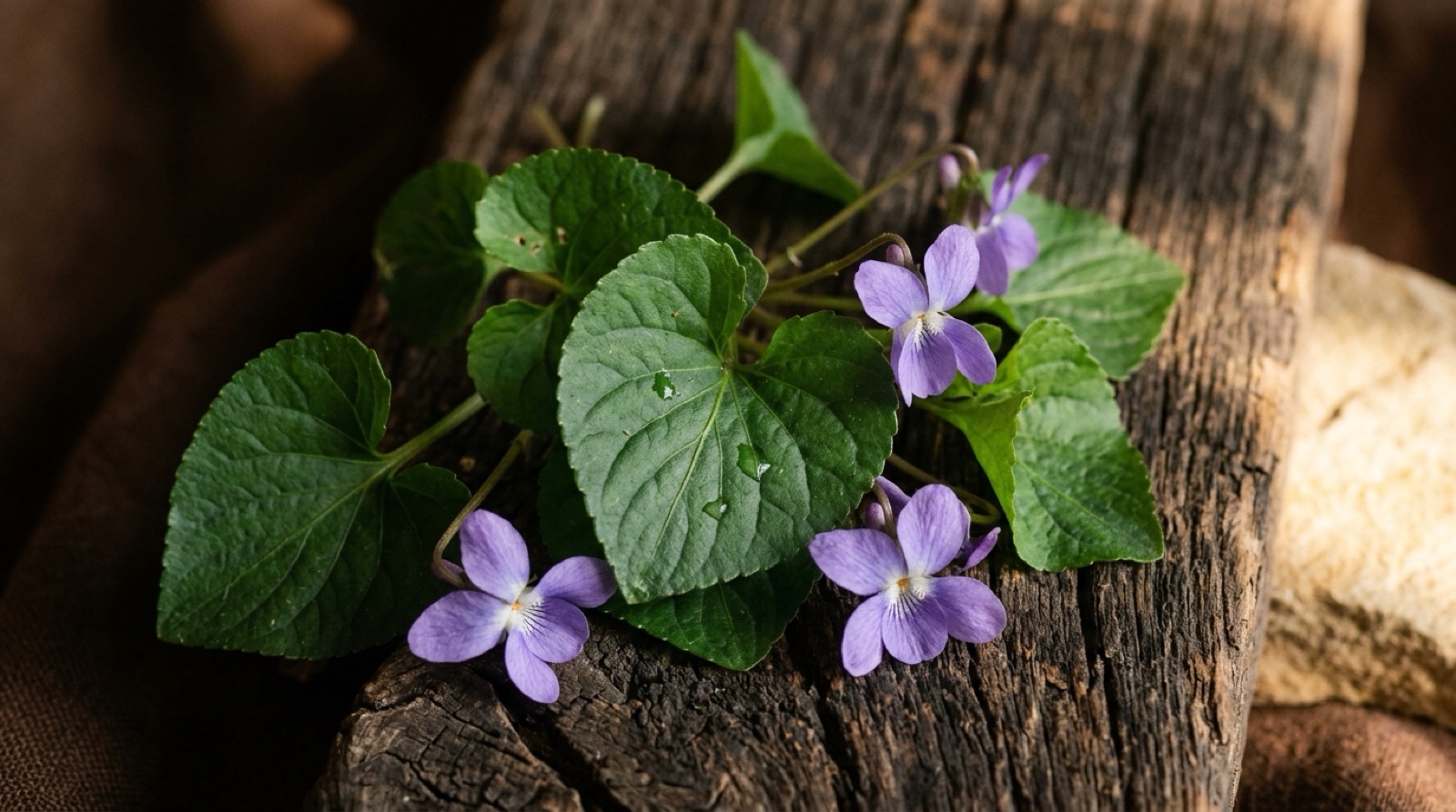 Feuilles de violette vertes en forme de cœur et fleurs mauves sur du bois patiné.