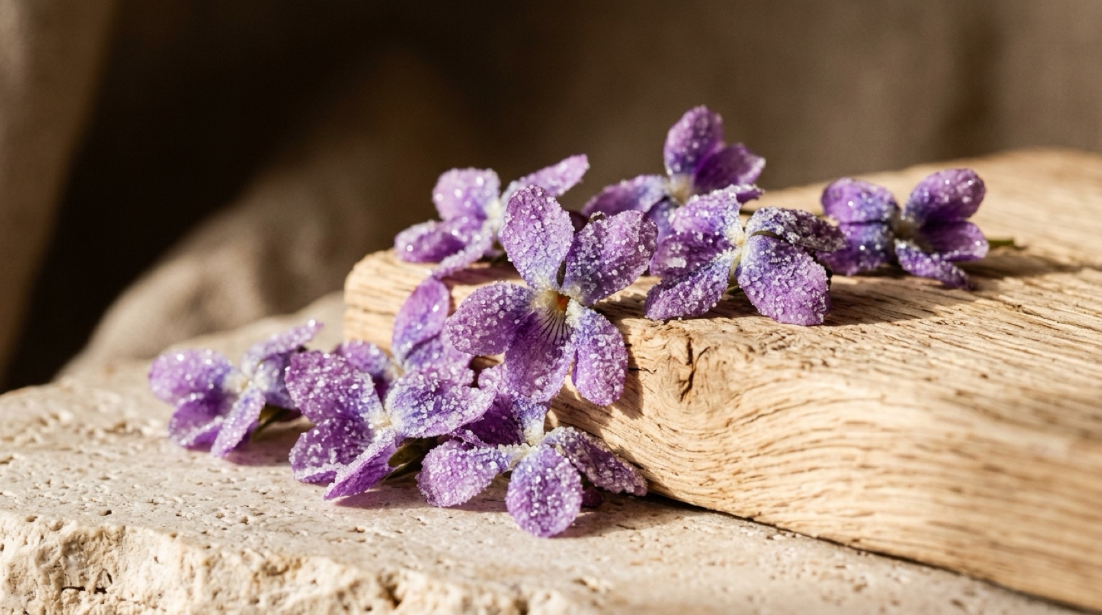 Fleurs de violette mauves cristallisées de sucre à côté d'un morceau de bois clair.