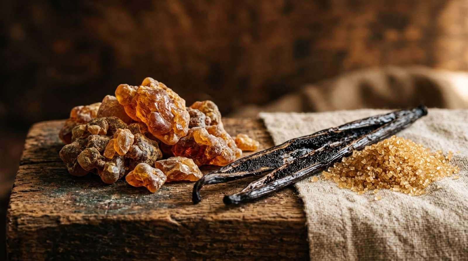 Résine de benjoin ambrée posée près d'une gousse de vanille fendue et de cristaux de sucre roux.